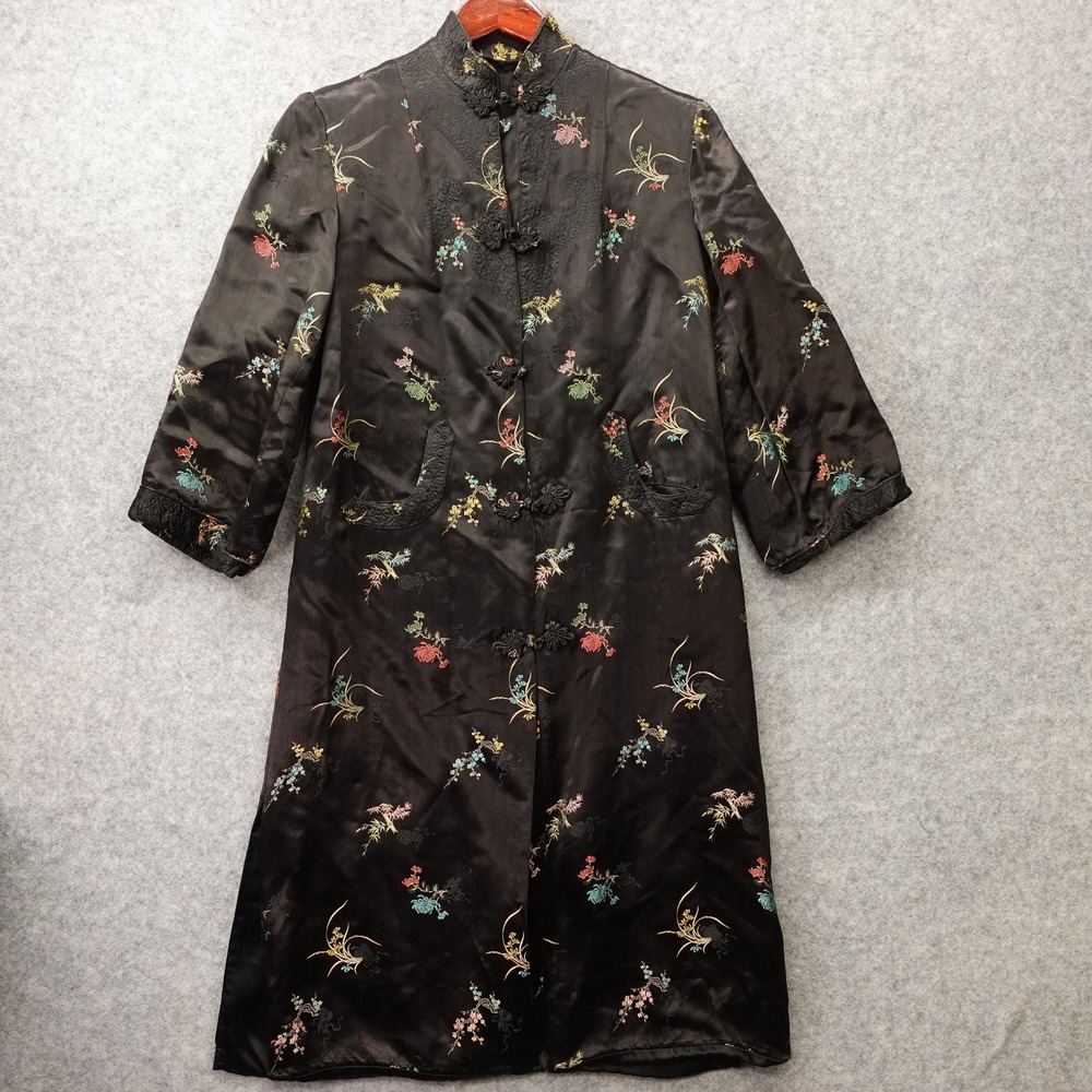 Vintage 1950s Brocade Jacket Women XS Black Floral Satin Chinese Opera Cheongsam